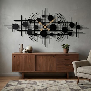 Large Modern Metal Wall Clock, Geometric Wall Clock, Mid Century Modern Clock, Minimalist Black Wall Clock, Statement Living Room Decor