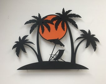 Tropical Metal Wall Art, Palm Tree Sunset Wall Decor, Beach House Wall Art, Summer Metal Wall Sculpture, Modern Coastal Home Decor