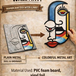 May include: A wall art display showing a transition from a plain metal piece to a colorful metal art piece. The design features an abstract face with blue, yellow, and red accents. Text includes COLORFUL METAL WALL ART, HANDCRAFTED WITH CARE, PLAIN METAL, DULL & ORDINARY, and Material Used: PVC foam board, vinyl foil.