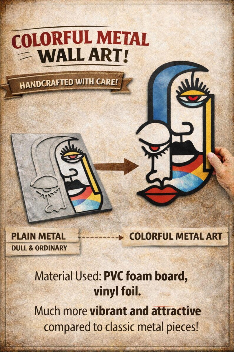 May include: A wall art display showing a transition from a plain metal piece to a colorful metal art piece. The design features an abstract face with blue, yellow, and red accents. Text includes COLORFUL METAL WALL ART, HANDCRAFTED WITH CARE, PLAIN METAL, DULL & ORDINARY, and Material Used: PVC foam board, vinyl foil.