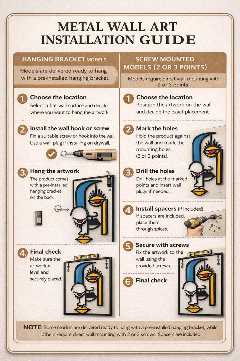 May include: Metal wall art installation guide with instructions for hanging artwork using hanging brackets or screws. Includes diagrams and steps for choosing a location, marking holes, and securing the artwork. The guide is in English.