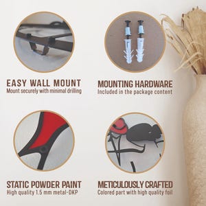 May include: A product feature graphic showing a black metal wall mount, two white plastic wall anchors with screws, a red and black metal surface with static powder paint, and a close-up of a black and red metal design with foil accents.