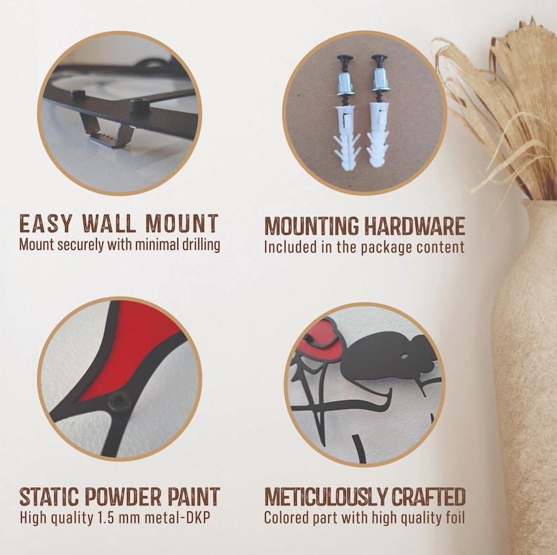 May include: A product feature graphic showing a black metal wall mount, two white plastic wall anchors with screws, a red and black metal surface with static powder paint, and a close-up of a black and red metal design with foil accents.