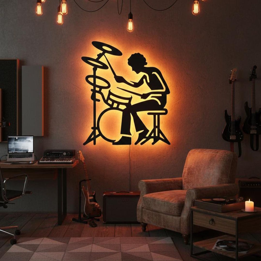 Drummer Sign Drummer LED Metal Wall Art – Drum Set Musician Silhouette Lighted Sign ...