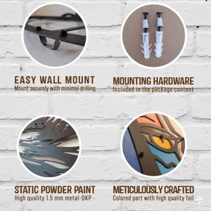 May include: Close-up of a black metal wall art piece with mounting hardware. The text reads "EASY WALL MOUNT" and "MOUNTING HARDWARE". The art is made with static powder paint and meticulously crafted with colored foil.