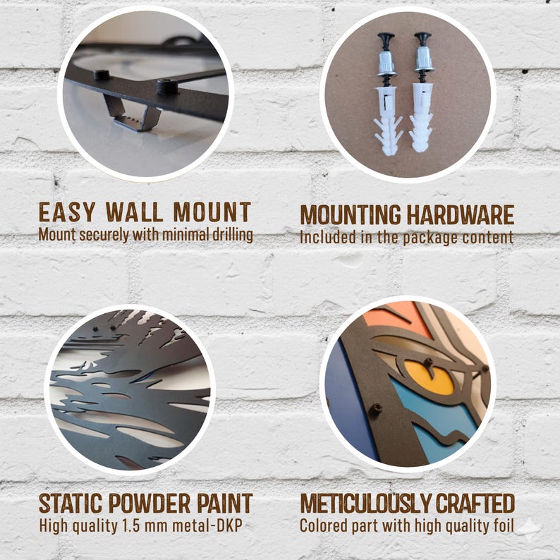 May include: Close-up of a black metal wall art piece with mounting hardware. The text reads "EASY WALL MOUNT" and "MOUNTING HARDWARE". The art is made with static powder paint and meticulously crafted with colored foil.