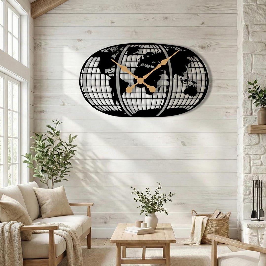 Large World Map Metal Wall Clock, Modern Black Globe Wall Art Clock ...