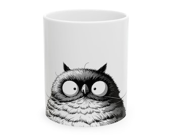 Coffee mug with funny owl illustration; Coffee lovers; Cute, quirky animal design tea cup; Fun, unique gift ideas for pet & animal lovers