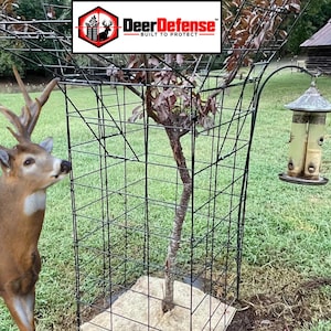 May include: A black wire mesh tree guard surrounding a young tree, featuring a DeerDefense Built to Protect logo at the top. A realistic deer statue stands to the left, and a metal bird feeder hangs from a curved arm on the right side.