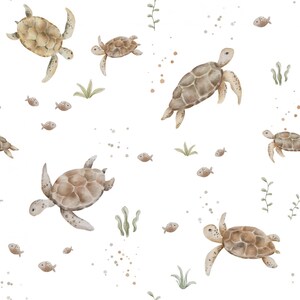 May include: A repeating pattern featuring watercolor illustrations of brown sea turtles, small fish, and green aquatic plants on a white background. The design includes scattered brown and green dots, creating a cohesive underwater scene.