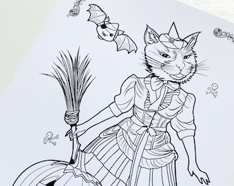 Witch Kitty Coloring Page: Halloween Art (Instant Download) 100% Human Made Art