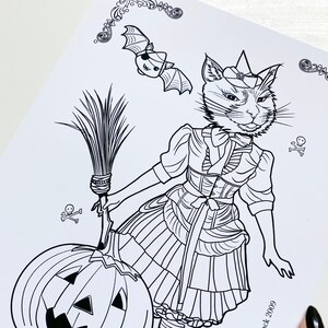 Witch Kitty Coloring Page: Halloween Art (Instant Download) 100% Human Made Art image 1