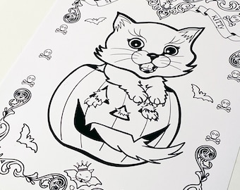 Spooky Kitty Coloring Page: Halloween Pumpkin (Instant Download) 100% Human Made Art