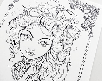Cat Lady Coloring Page: Queenie Original Artwork (Instant Download) 100% Human Made Art