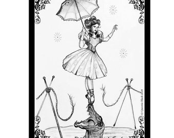 Tightrope Girl Pencil Drawing #2  5X7 ART CARD PRINT Parody art Haunted Mansion Whimsical Tightrope Girl Print Pocket Full of Posiez (R)