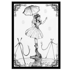 Tightrope Girl Pencil Drawing #2  5X7 ART CARD PRINT Parody art Haunted Mansion Whimsical Tightrope Girl Print