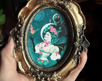 Charming Human Made Art Victorian Woman & Black Cat Art: Gold Baroque Framed Canvas Print .