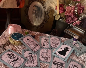 Art Tarot Deck Stitchery Witchery Sewing Victorian Inspired Oringal Artwork and Illustration Drawings 100% Human Made Art
