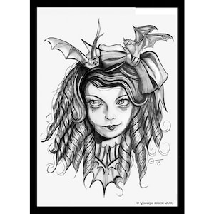 Art Original  Bat Vampire Girl 7  5x7 Art Card Painting  Illustraion  Drawing