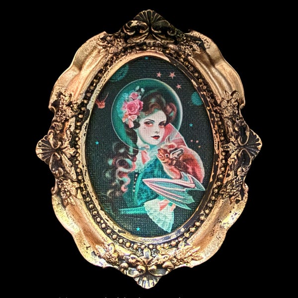 Victorian Woman Teal Bat Art Gold Baroque Framed Canvas Print .Charming Human Made Art