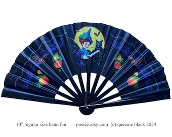 Halloween Witch Black Cat Hand Fan: Gothic Home Decor, Original Art 100% Human Made Art