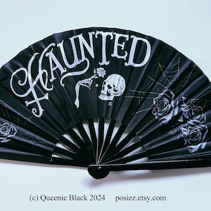 Gothic Haunted Hand Fan - Roses, Spiderweb, Skull - 13" 100% Human Made Art