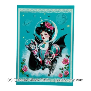 Victoriaanse kunst zwart haar ruimte meisje met katten 5 x 7 KUNSTKAART print door Queenie schilderij illustratie tekening