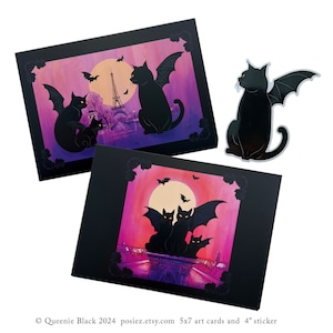 Art original 5 x 7 chat noir Art carte et jeu d'autocollants chat chauve-souris Paris France Tour Eiffel Illustration chat noir chauve-souris autocollant