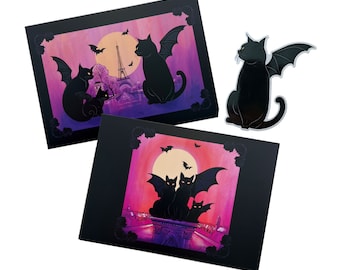 5x7 Black Cat Art Card and Sticker Set Cat Bat Paris France Eiffel Tower Illustration Black Cat Bat Sticker