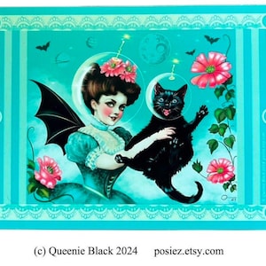 Kunst Victoriaanse ruimtemeisje met zwarte kat 5 x 7 KUNSTKAART print door Queenie schilderij illustratie tekening