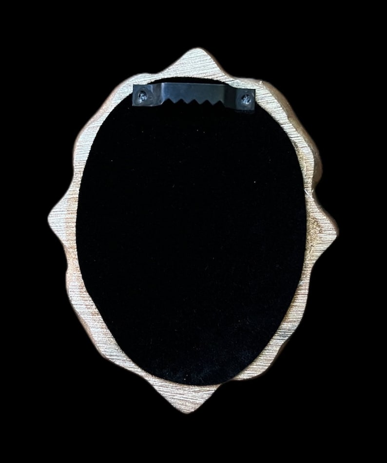 May include: A gold-colored oval-shaped frame with a black velvet backing. The frame has a sawtooth hanger on the back for hanging on a wall.
