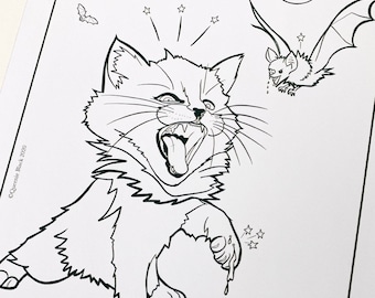 Halloween Zombie Cat Coloring Page (Digital Download) - Spooky Kitten & Bats Art