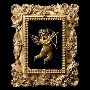 Mini 3x4 inch gold framed gold cherub mounted on velvet wall decor
