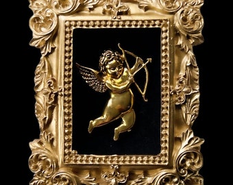 Mini 3x4 inch gold framed gold cherub mounted on velvet wall decor