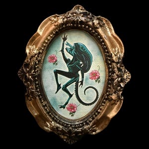 Mini Alien Xeno Canvas Print: Baroque Victorian Gold Frame, Small Gift 100% Human Made Art