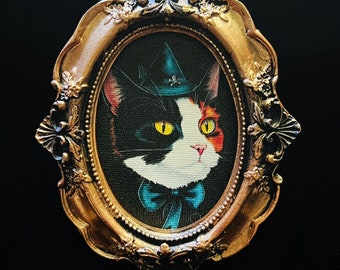 Giclee 5x4 inch Mini Gold Framed Canvas Print Witch Kitty Alice Cat print cat wall art cat framed print