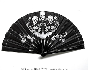 13&quot; Skeleton and bats large gothic hand fan home wall decor Human Art Original Designs Artwork Illustrations Gift Idea