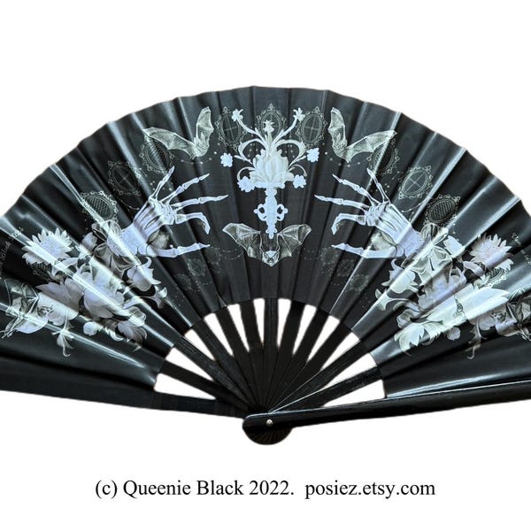 Large Grey Baroque Hand Fan: Bat, Skeleton, & Flowers - Rococo Style 100% Human Made Art