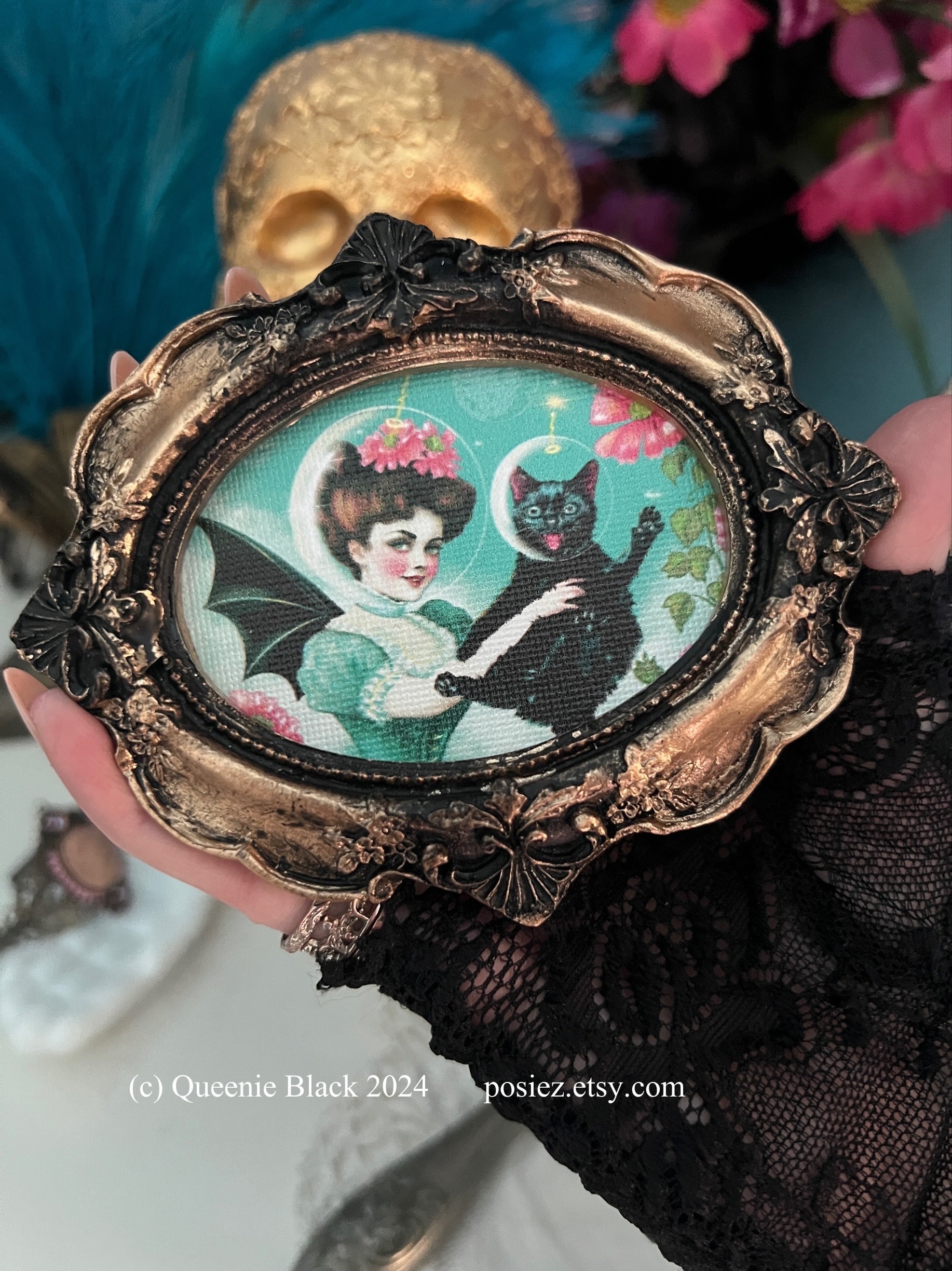 Victorian Woman and Black Cat Framed Canvas Print: Gold Baroque Art