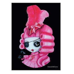 以下が含まれることがあります： 黒目の眼帯とピンクの羽根の帽子をかぶったピンクと白のドール。ドールはピンクのドレスを着て、黒い鳥を持っています。