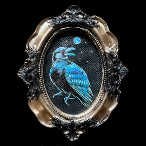 Giclee Raven and Moon mini print in gold frame