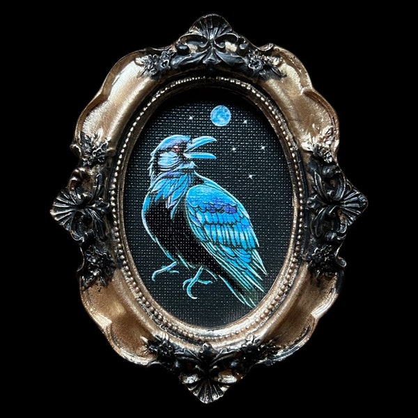 Giclee Raven and Moon mini print in gold frame