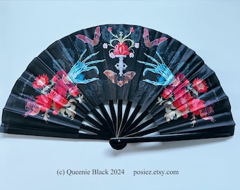 13&quot; Large Hand Fan Baroque Bat Skelton Hands Flowers and Bats Festival Shade Home Decor Rococo Style Human Art Gift Idea
