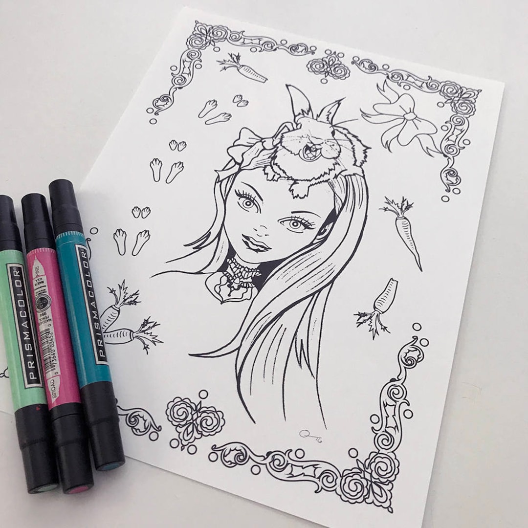 Rabbit Girl Coloring Page: Queenie Pocket Illustration (instant ...
