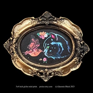 Mini-Kunstdruck „Schwarze Katze und Fledermaus“, Vintage-Goldrahmen, Giclée-Leinwanddruck, bezaubernde, handgefertigte Kunst
