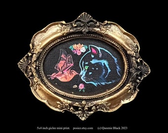Black Cat Bat Mini Art Print, Vintage Gold Frame, Giclee Canvas ReproductionCharming Human Made Art
