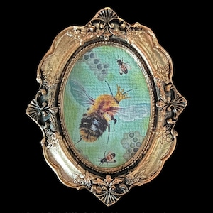 Framed Mini  Art Queen Bee Mini Gold Baroque Victorian Framed Canvas Print 5x4 inch Frame From Original Painting small gift idea