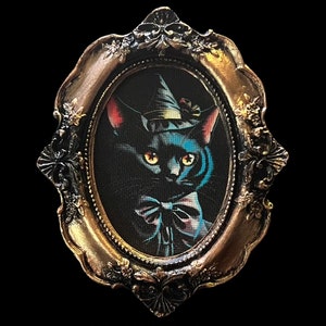 Framed Mini  Art Black Witch Kitty Mini Gold Baroque Victorian Framed Canvas Print 5x4 inch Frame From Original Painting small gift idea