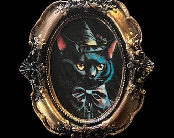 Giclee 5x4 inch Mini Gold Framed Canvas Print Black Witch Kitty print cat wall art cat framed print