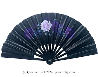 Large Hand Fan: Purple Roses & Spiderweb, Festival Decor (13 inch)